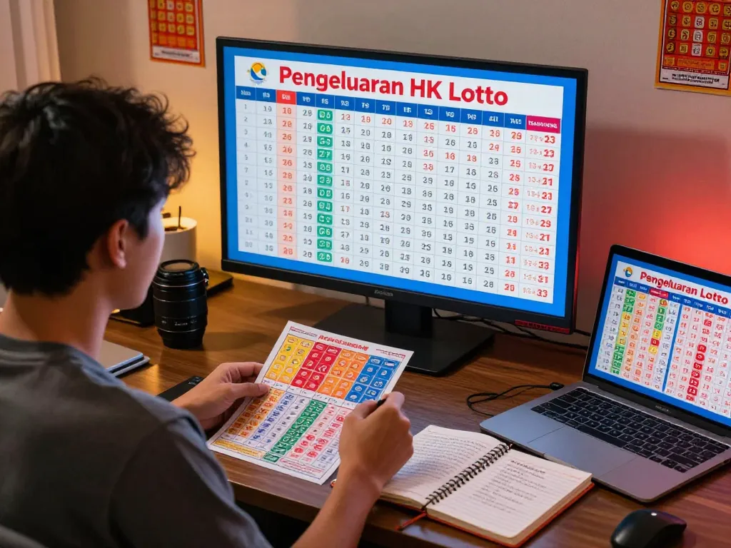 Pemain lotere yang terlibat memeriksa hasil Pengeluaran HK Lotto di layar besar dan dikelilingi oleh tiket dan catatan.