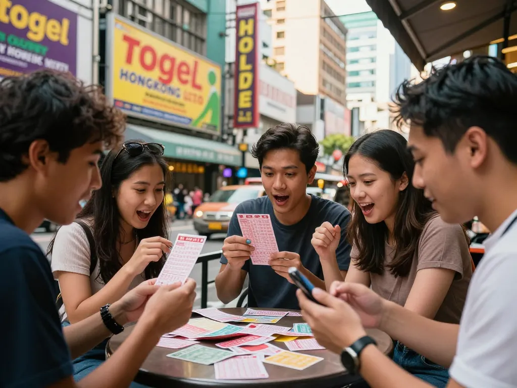 Sahabat merayakan hasil Pengeluaran HK Lotto di kafe perkotaan yang ramai.