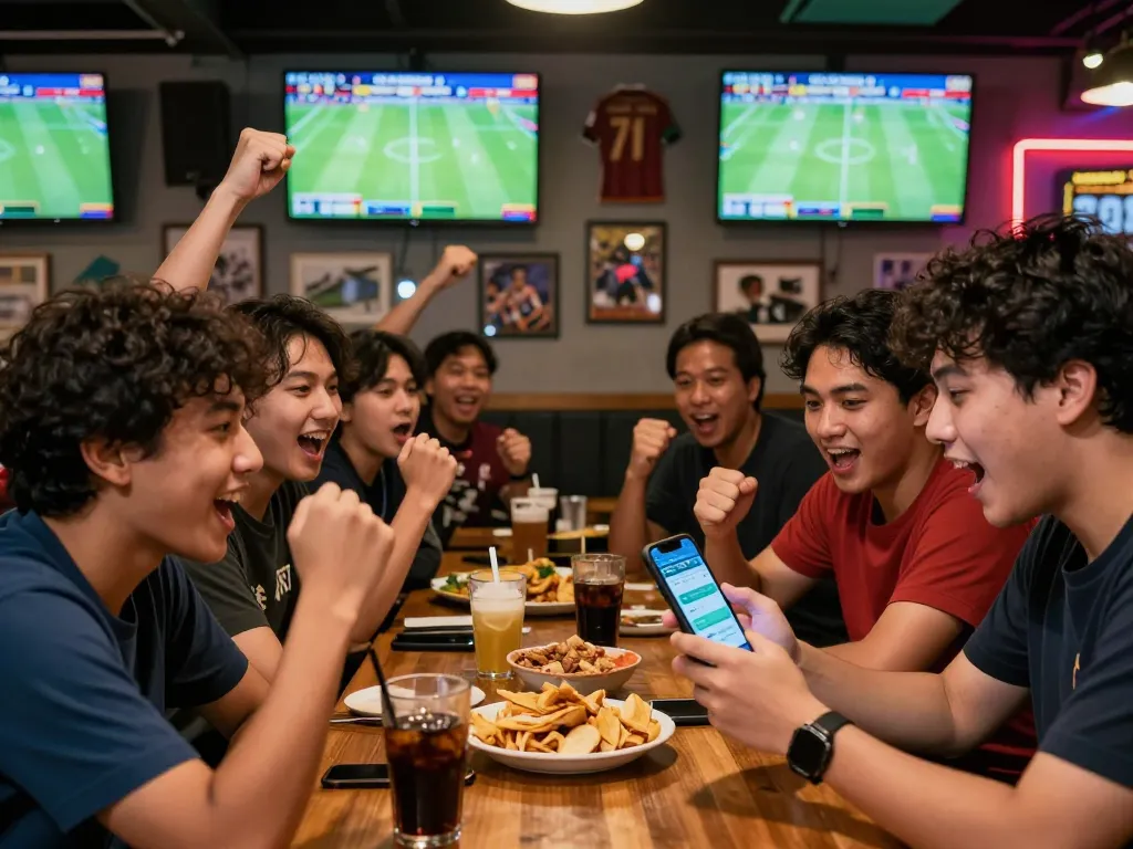 Exciting sports betting atmosphere with friends enjoying Judi Bola at a lively bar.