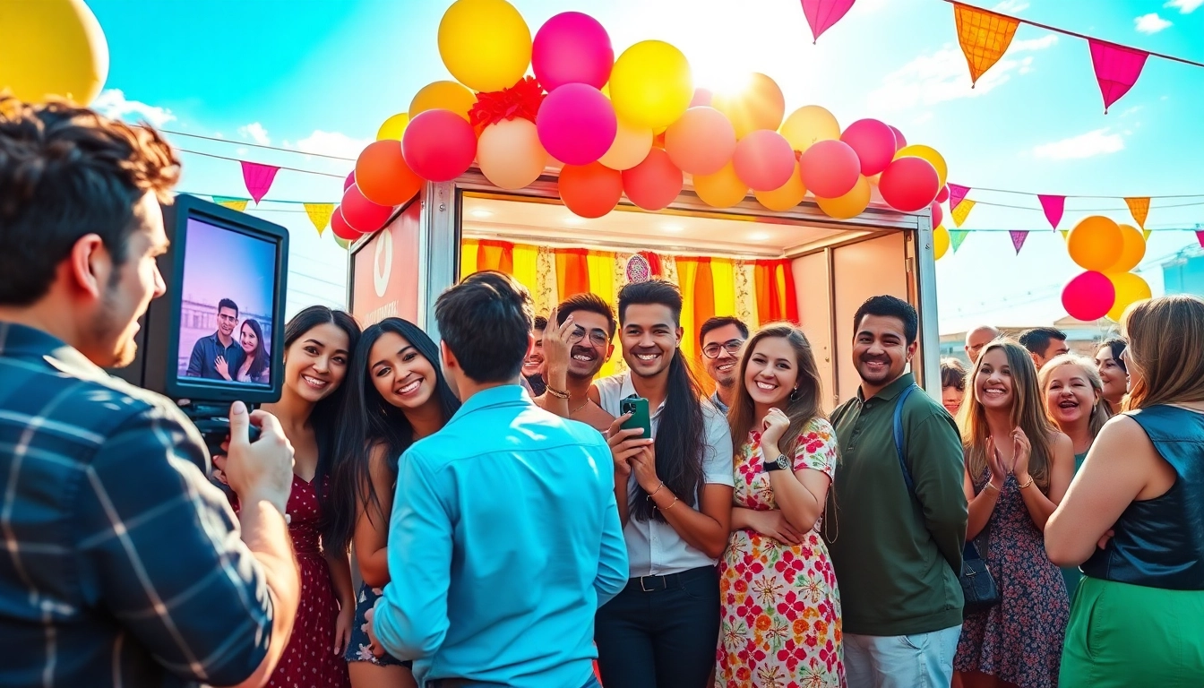Guests enjoying a photo booth rental experience at a lively event with colorful decorations.