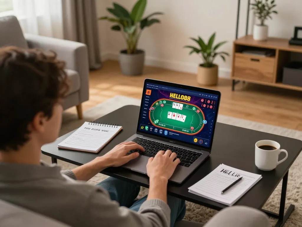 Gambling on HELLO88 with vibrant poker game display on a cozy laptop setup.
