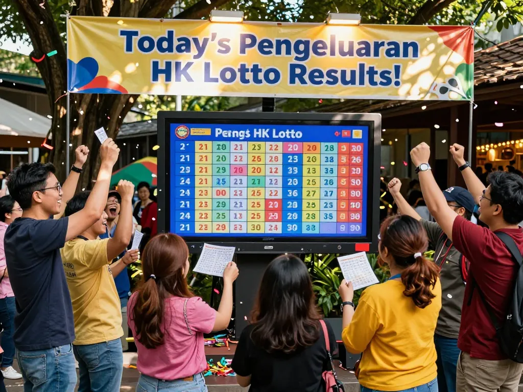 Perayaan hasil Pengeluaran HK Lotto dengan kerumunan yang ceria dan tampilan digital.