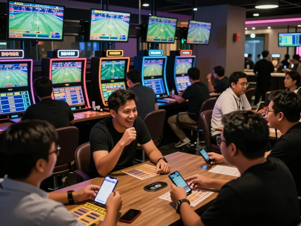 Pemain taruhan yang terlibat melakukan taruhan di Judi Bola Resmi di tempat taruhan olahraga yang ramai.