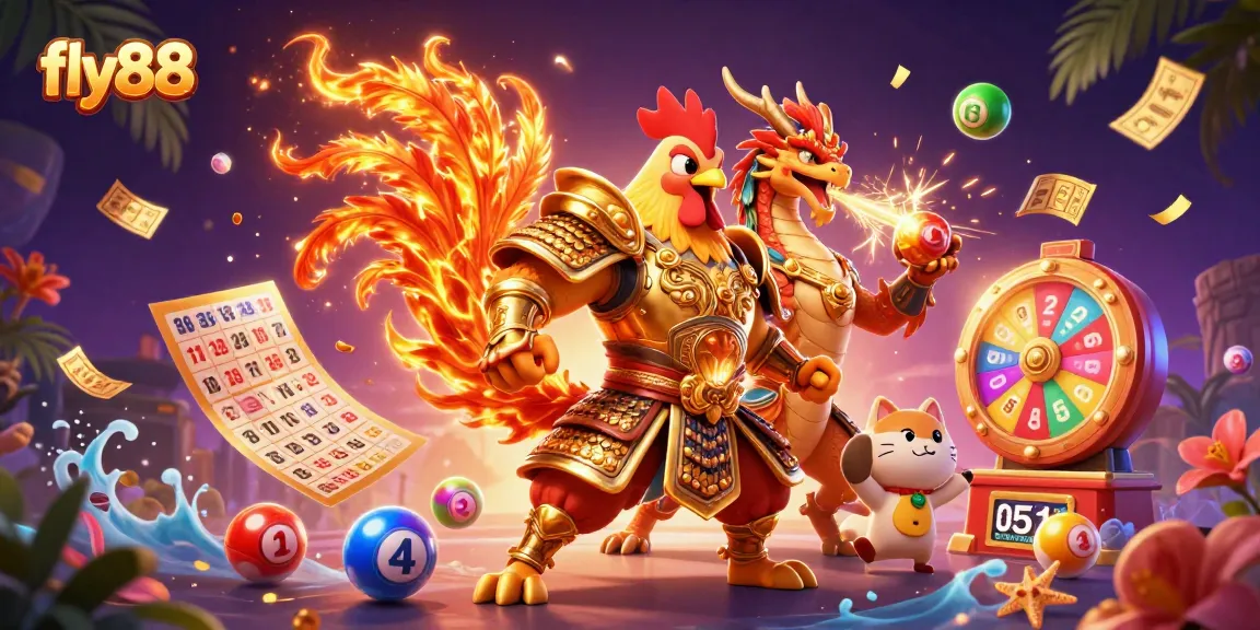 Experience the excitement of fly88 with a vibrant 3D casino scene featuring unique characters and gambling elements.