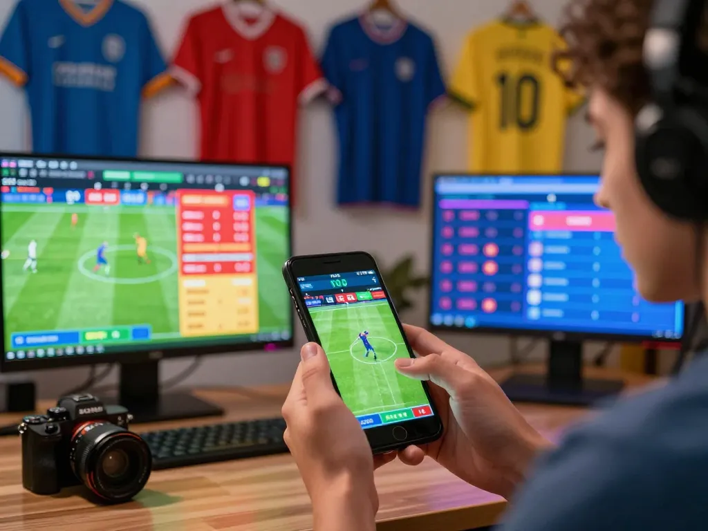 Engaged user on mobile device placing bets on soccer matches at OKFUN platform, vibrant and exciting atmosphere.
