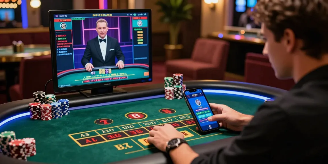 Excited player engaging with บาคาร่าออนไลน์ at a luxurious virtual casino table with live dealer.
