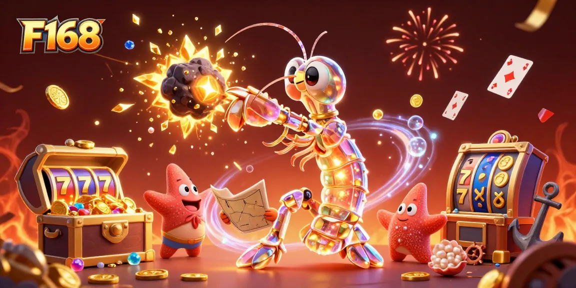 Experience F168's excitement with a cartoon samurai shrimp in a dynamic casino scene filled with gems.