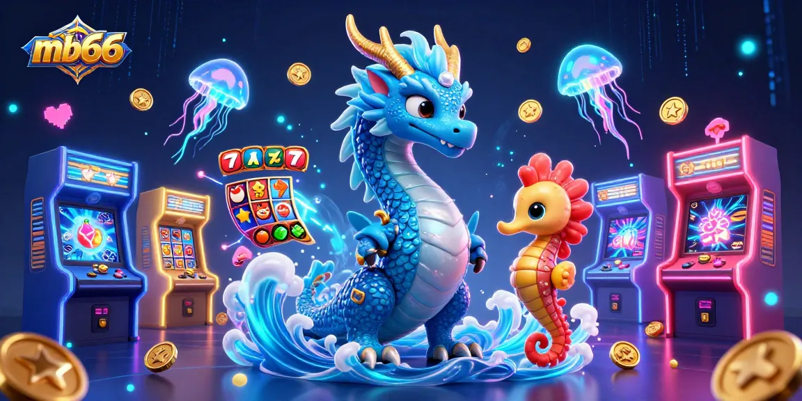 Experience the thrilling atmosphere of mb66 with a vibrant 3D illustration of slot games and casino elements.
