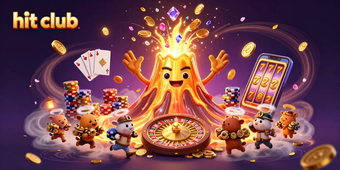 Players enjoy slots at hit club with golden volcano and coins erupting around them