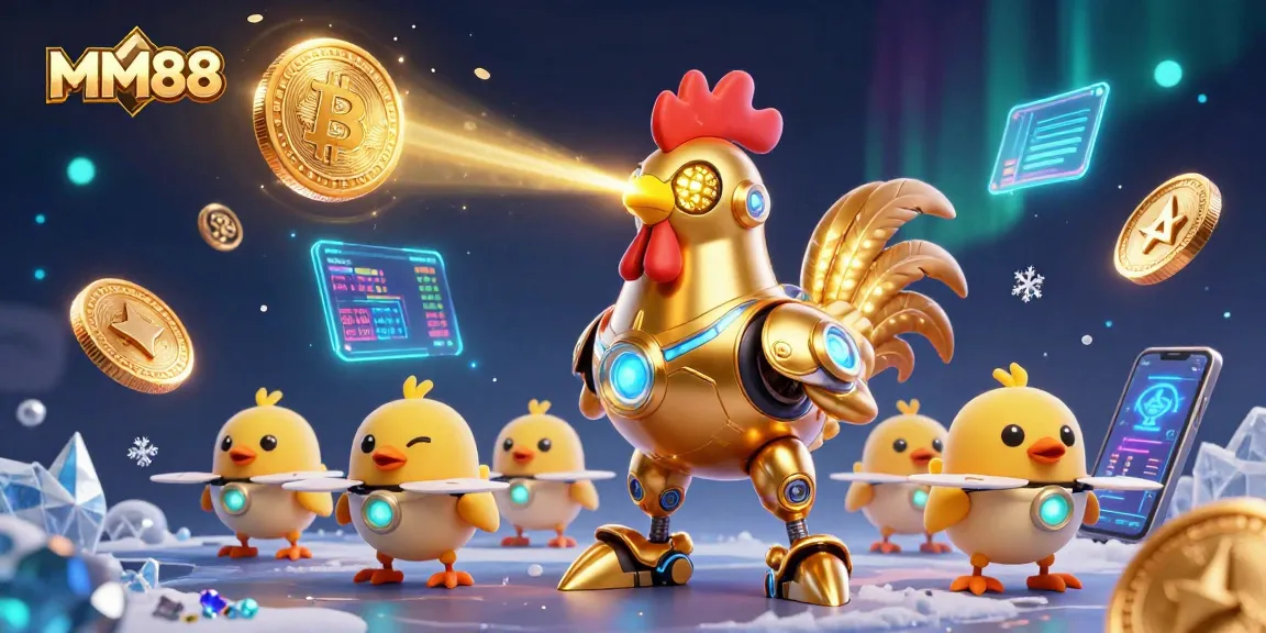 Engage with MM88's thrilling casino action featuring a golden rooster robot and crypto elements.