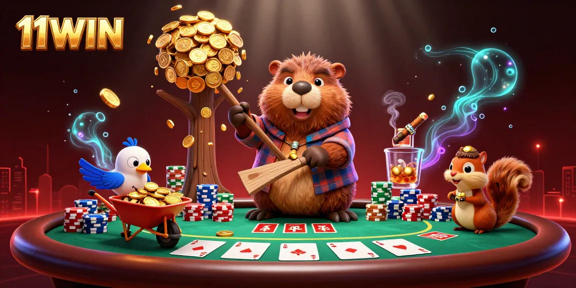 Experience the thrill of 11WIN with a beaver raining gold coins amidst poker excitement.