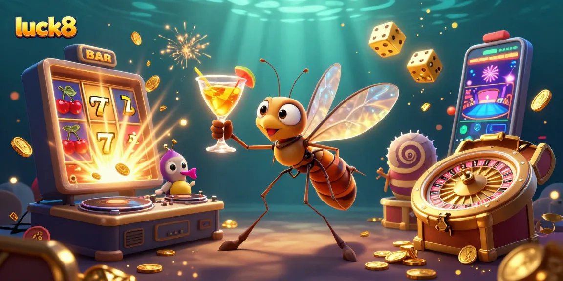 Experience thrilling luck8 jackpots with a lively casino scene featuring a frozen-in-amber mosquito mascot.