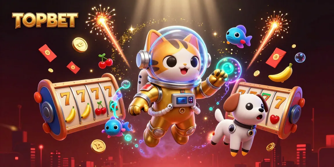 TOPBET's vibrant gaming experience with a playful cat astronaut and a robot dog in a colorful 3D casino scene