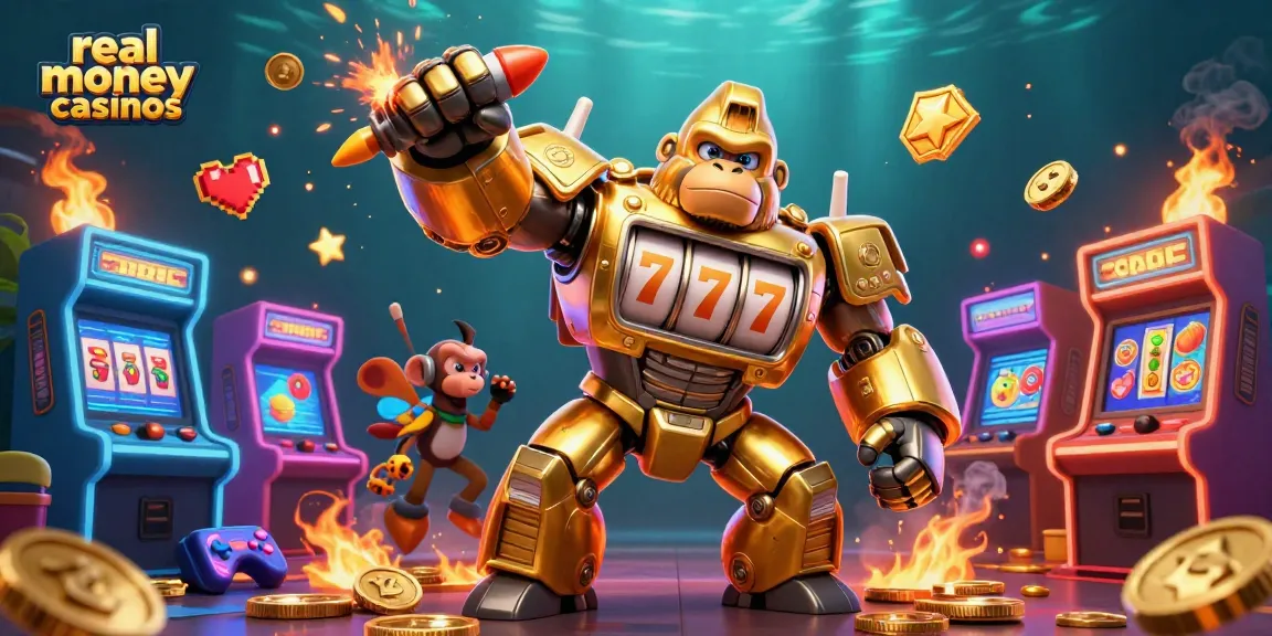 Experience the thrill of real money casinos with a golden gorilla mech and dynamic gaming elements.