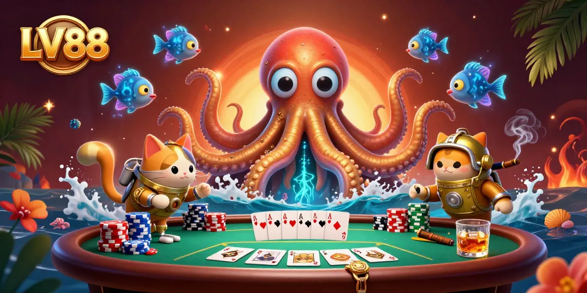 Engage with LV88's thrilling casino universe featuring a kraken, diving cat, and poker elements.