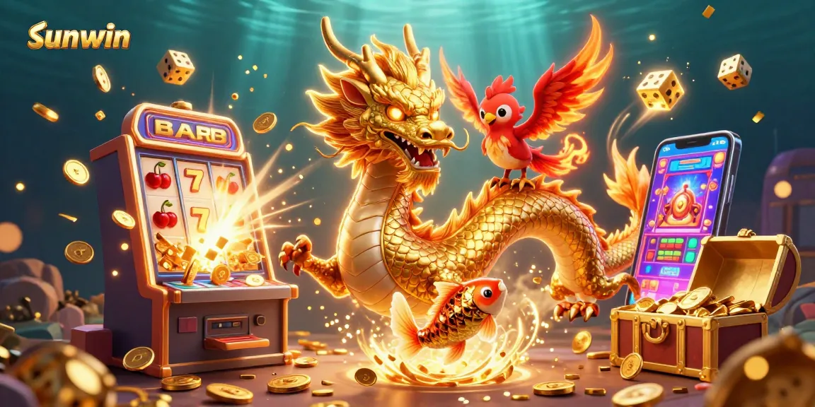 Experience the excitement of sunwin with golden symbols and game elements bursting from a 3D slot machine.