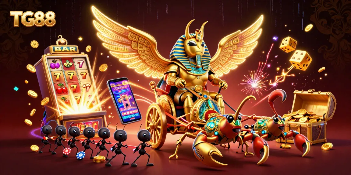 Experience the excitement of TG88's casino games with vibrant 3D visuals of iconic elements and characters.